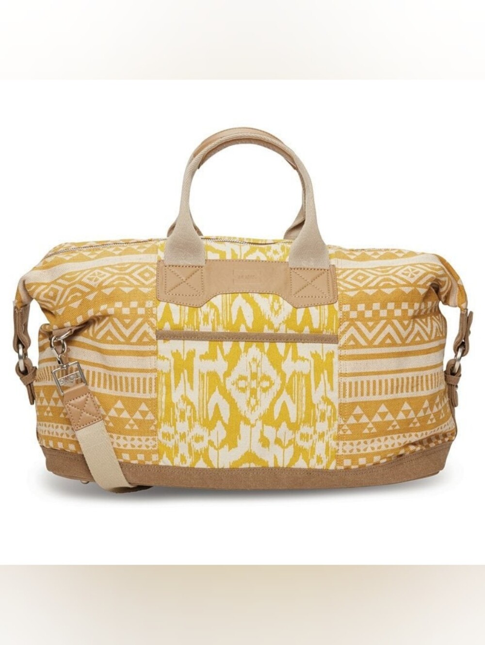 Toms Traveler Duffle Bag Featuring a Vibrant Yellow and White Saffron Ikat Woven